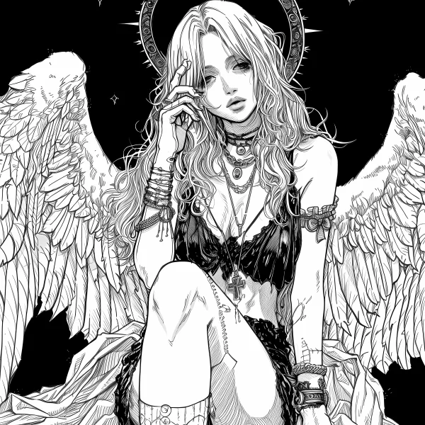 Dark gothic angel with large wings, intricate  curly hair — free printable gothic coloring book page