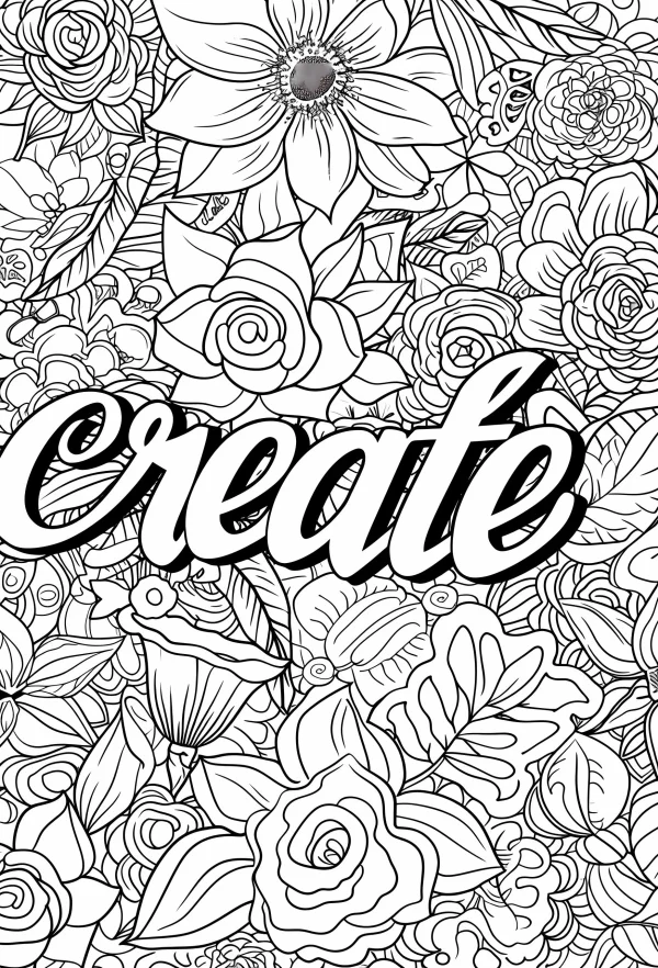 The word 'create' surrounded by intricate floral patterns including roses, leaves and vines — free printable art creation coloring book page