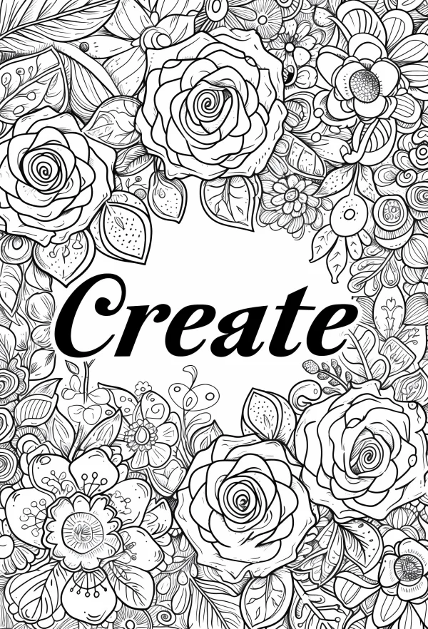 'create' text surrounded by intricate roses and floral patterns, new art movement style — free printable art creation coloring book page