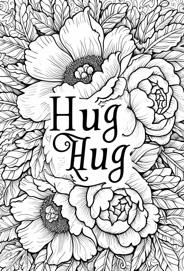 Intricate floral arrangement surrounding 'hug hug' decorative lettering, botanical line art style — free printable warmth coloring book page