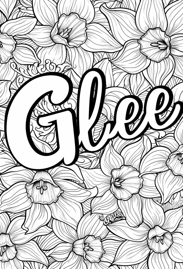 Bold outline word 'glee' surrounded by detailed narcissus flowers, repeating intricate floral patterns — free printable art creation coloring book page