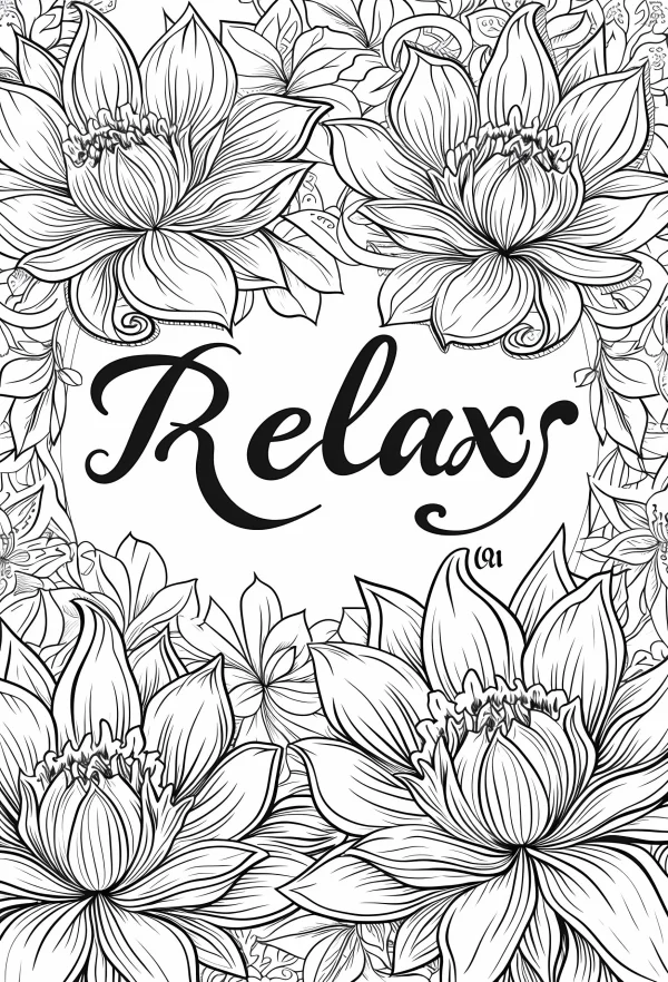 Decorative lotus flowers surrounding the word 'relax' with small floral patterns, intricate symmetrical line art — free printable leisure coloring book page