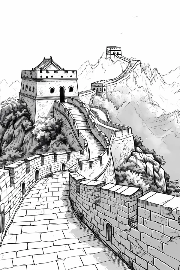 Great wall with watchtowers, chinese style — free printable historical architecture coloring book page