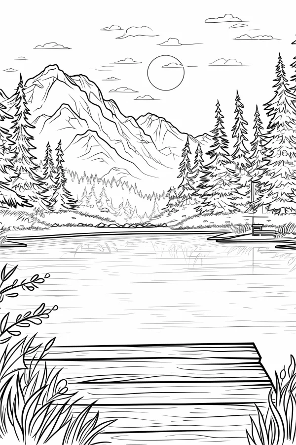 Lakeside forest mountain landscape, sketch art style — free printable mountains coloring book page