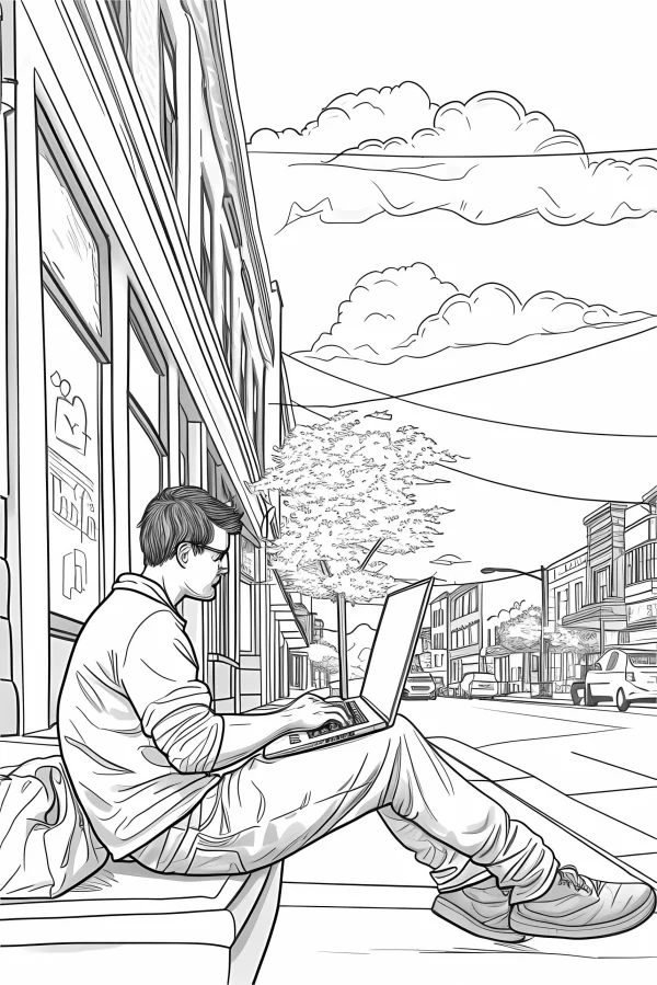Man using laptop sitting on sidewalk, realistic illustration line art style — free printable learning coloring book page