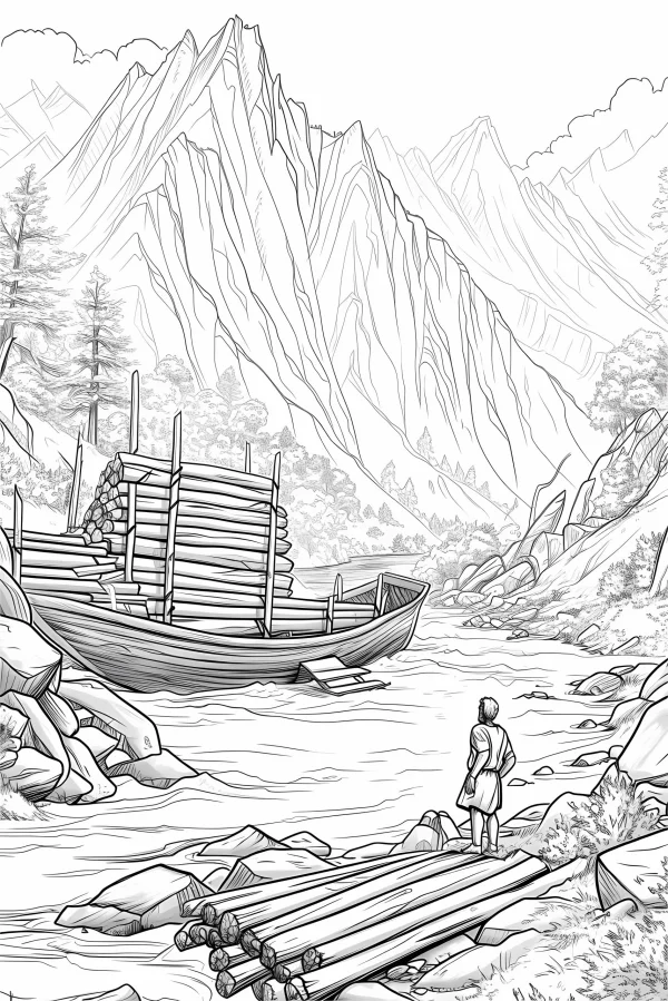 Mountain river scene with wooden boat and standing figure, realistic sketch style — free printable mountains and rivers coloring book page