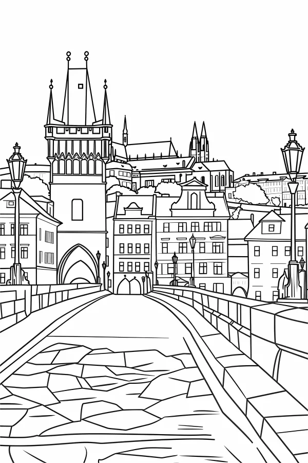 Old town bridge with european historic buildings, realistic illustration style — free printable city scenery coloring book page