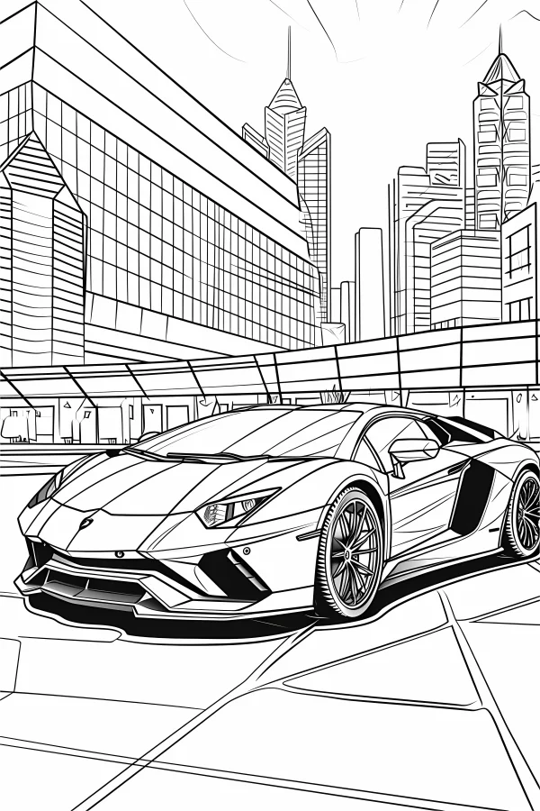 Luxury sports car in modern urban city, realistic line art style — free printable urban scenery coloring book page