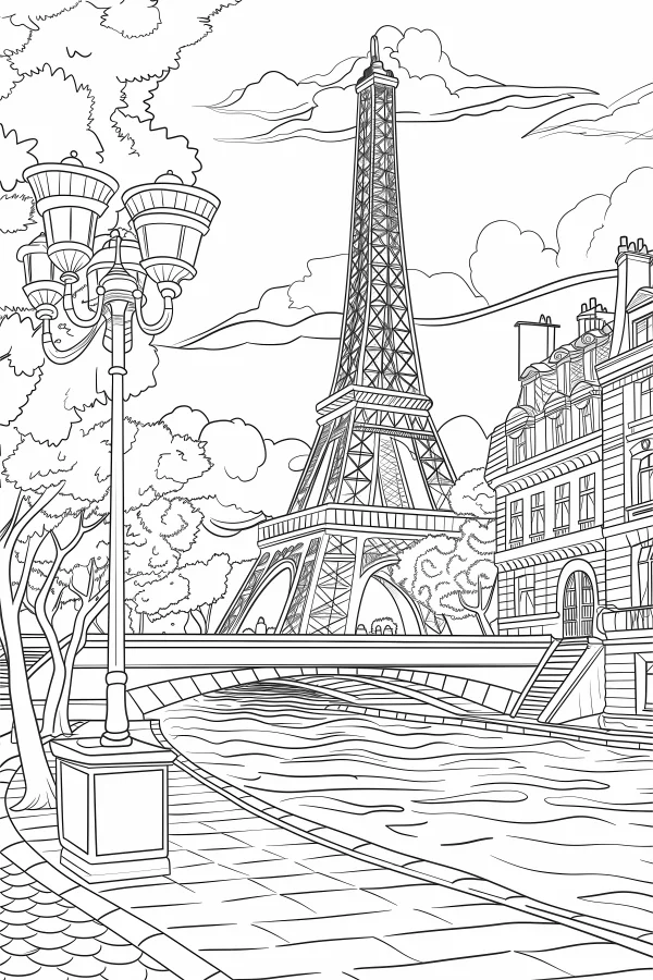 Eiffel tower with european city street scene, realistic line art style — free printable city scenery coloring book page
