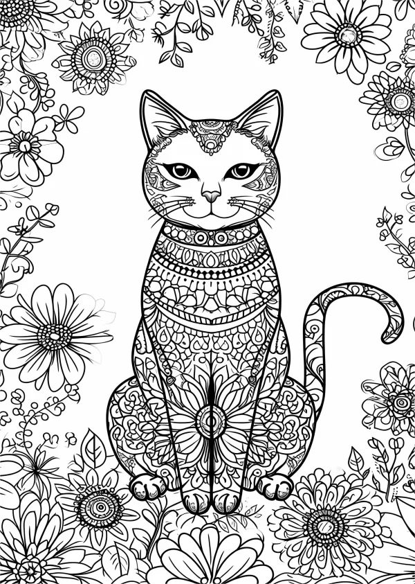 Mandala-style cat sitting surrounded by various flowers and plants, intricate mandala patterns covering the cat's body — free printable art creation coloring book page