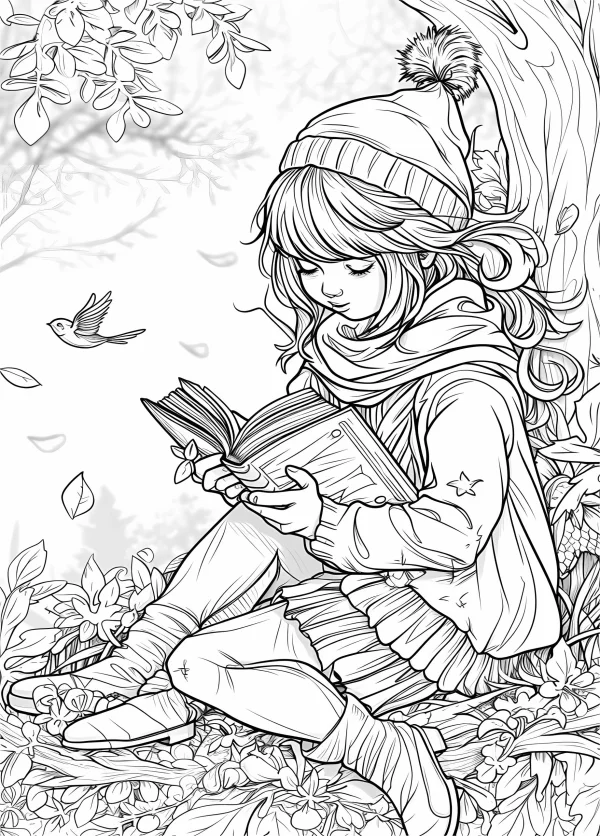 Autumn girl reading book under tree, cartoon illustration style — free printable children coloring book page