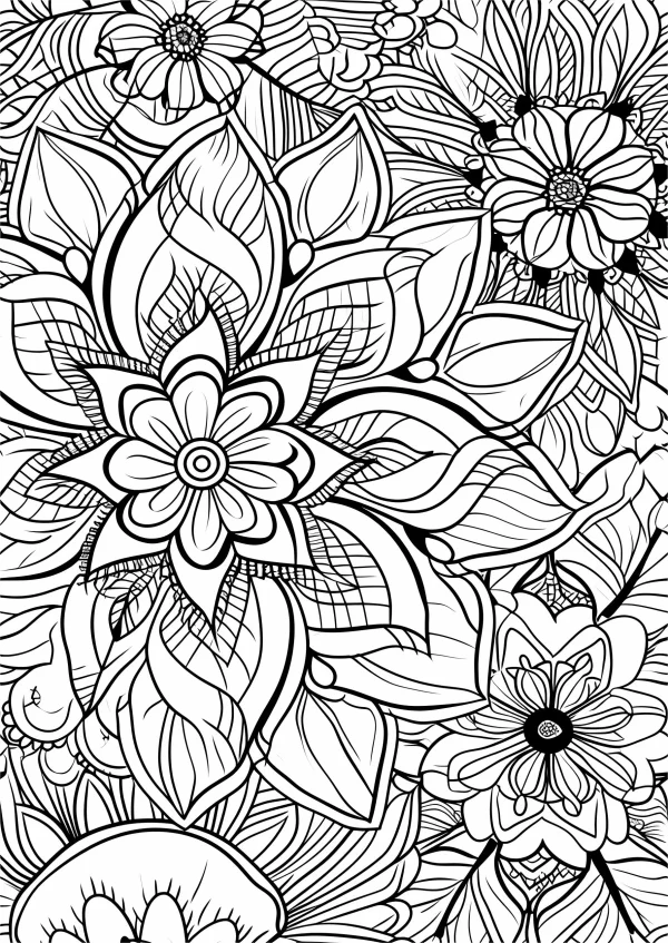 Mandala-style floral pattern, intricate symmetrical designs with flowers — free printable art creation coloring book page