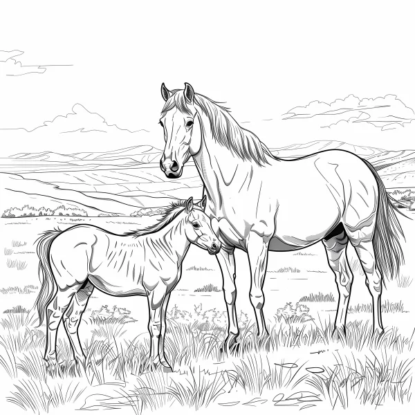 Adult horse and foal standing on grassland, realistic sketch style — free printable grassland coloring book page