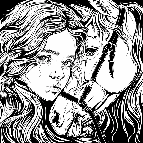Close-up of a girl with her horse, realistic sketch style — free printable friendship coloring book page