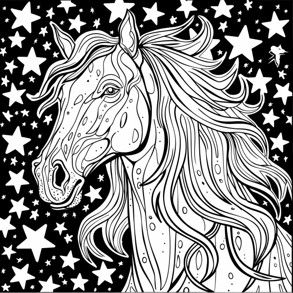Decorative horse head with flowing mane, decorative art style — free printable animal theme coloring book page