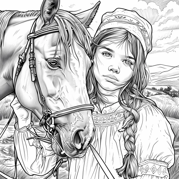 Girl with braids standing beside a horse, realistic sketch style — free printable rural life coloring book page
