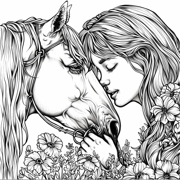 Girl and horse snuggling closely, realistic sketch style — free printable friendship coloring book page