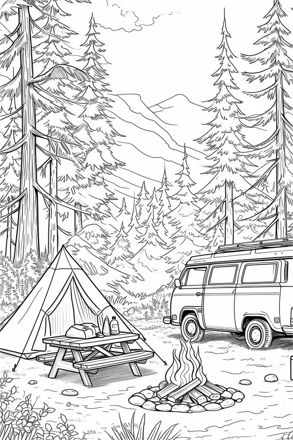 Forest camping scene with tent, vintage camper van — free printable camping coloring book page