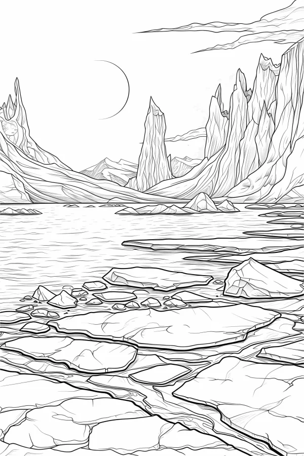 Polar glacier landscape with icy water surface, jagged mountain peaks — free printable polar coloring book page