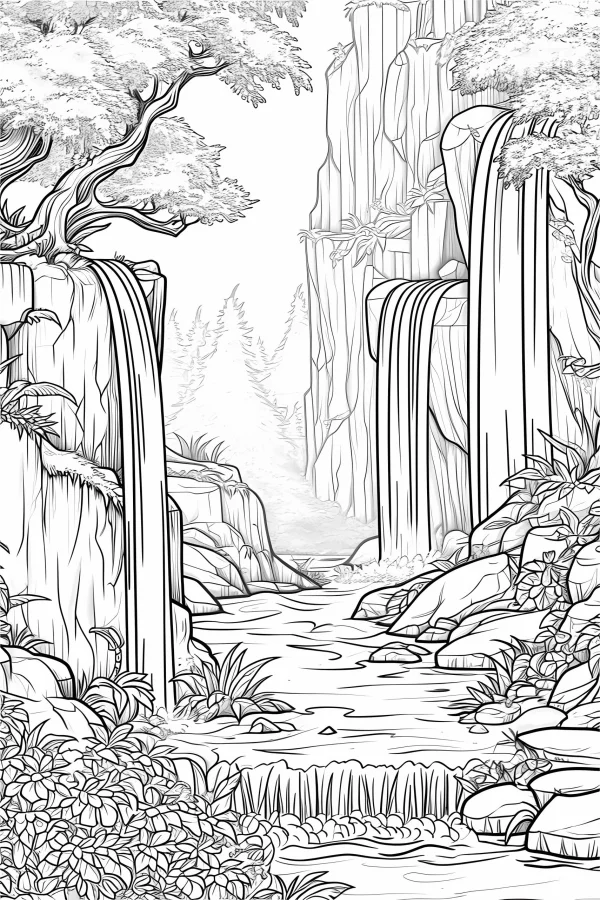 Forest waterfall stream scene, sketch style — free printable waterfall coloring book page