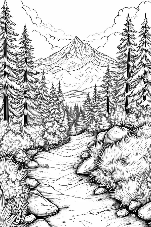 Forest path with distant mountains, realistic line art style — free printable mountains coloring book page