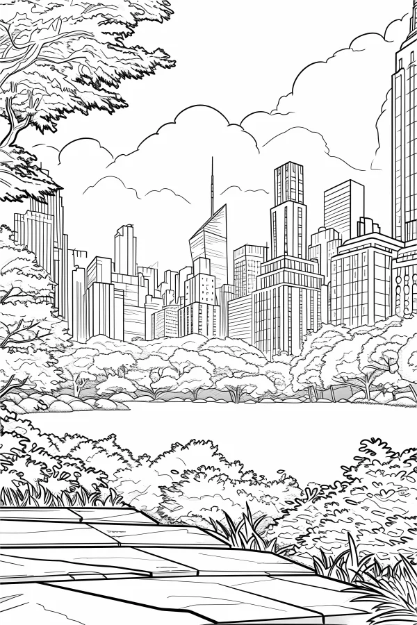 Coloring book page, urban park landscape with city skyline — free printable city coloring book page
