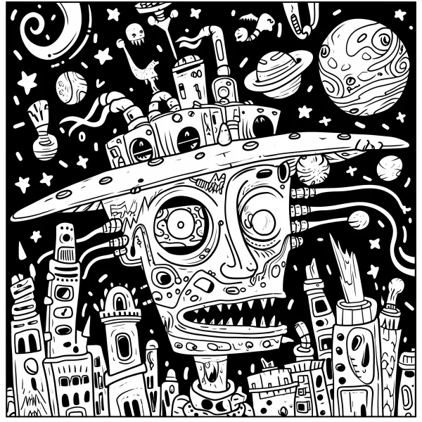 Mechanical face ufo, graffiti sci-fi style — free printable future city coloring book page