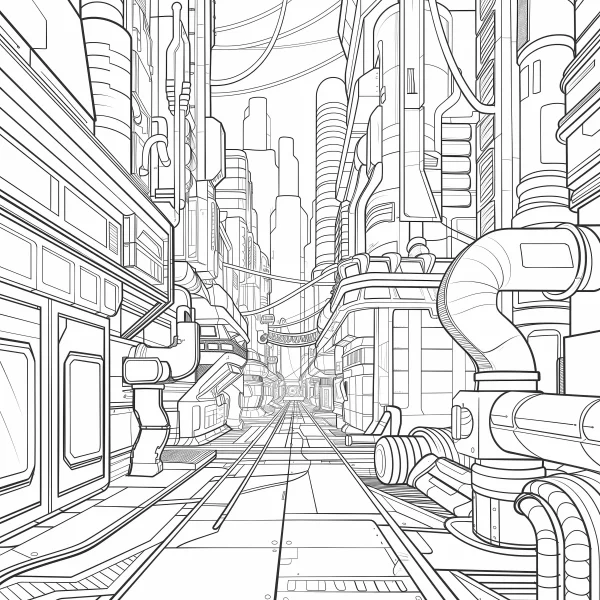Futuristic cyberpunk city street, sci-fi cyberpunk style — free printable future city coloring book page