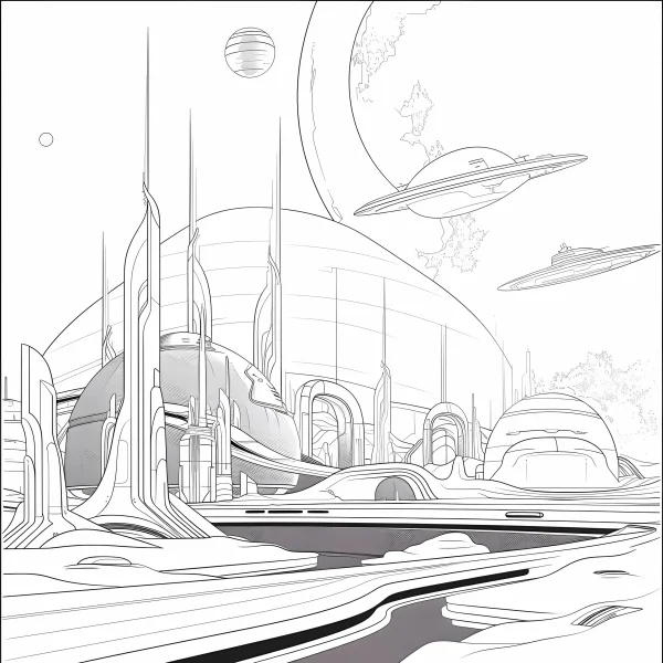 Future sci-fi cityscape with domed buildings and tall towers, sci-fi futuristic style — free printable future city coloring book page
