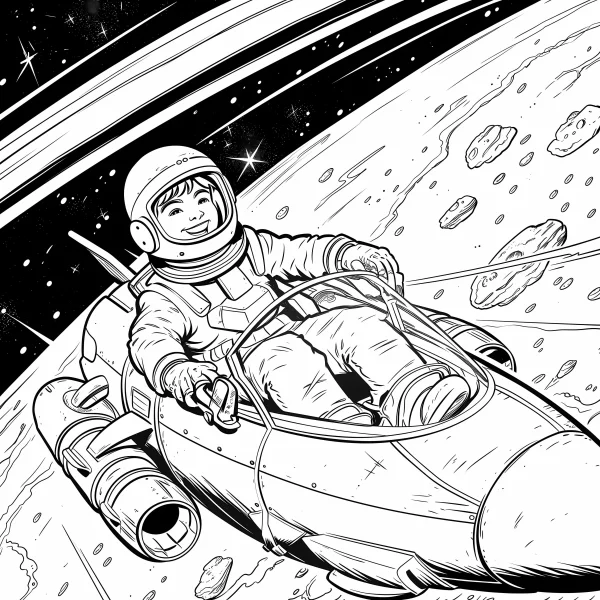 Smiling astronaut driving a small spaceship, cartoon style — free printable adventure coloring book page