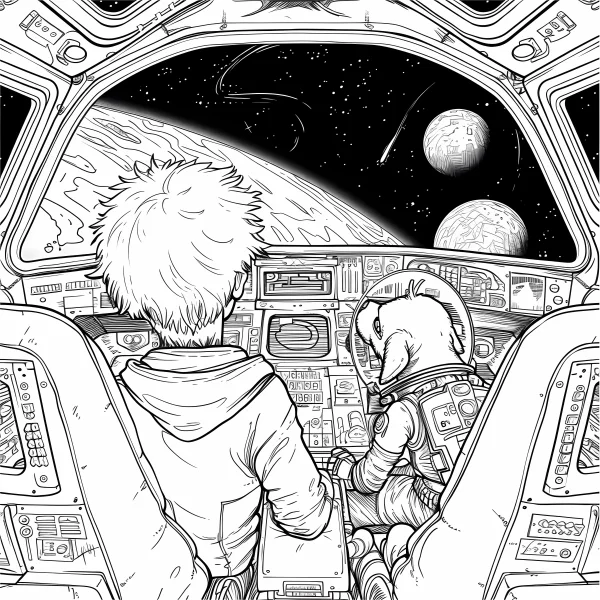 Boy and astronaut dog in spaceship cockpit, cartoon sci-fi style — free printable adventure coloring book page