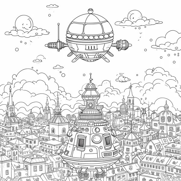 Fantasy floating ufo and futuristic european-style city, cartoon sci-fi style — free printable city coloring book page