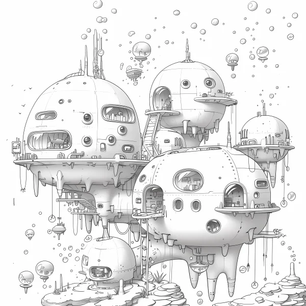 Futuristic spherical space buildings, sci-fi style — free printable future city coloring book page