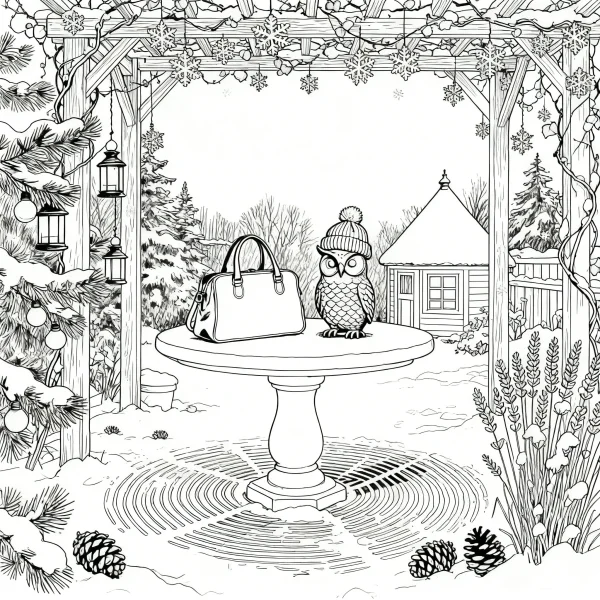 Coloring book page, owl wearing knit hat sitting on a stone table with a handbag — free printable courtyard coloring book page