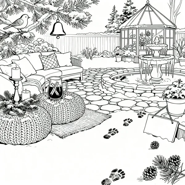 Christmas-themed outdoor courtyard, realistic line art style — free printable outdoor leisure coloring book page