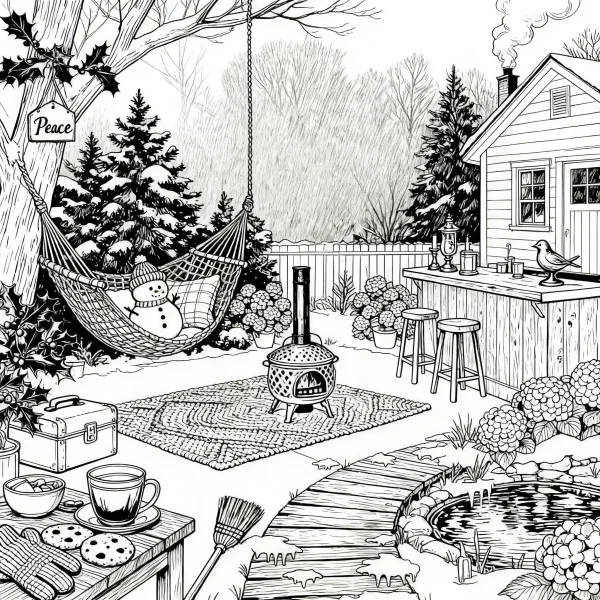 Winter yard scene with snowman resting in hammock, christmas theme — free printable outdoor leisure coloring book page
