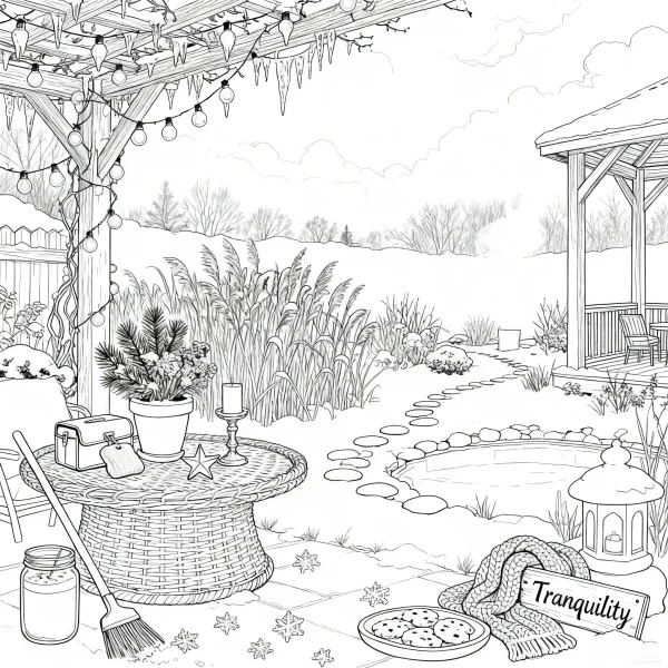 Winter courtyard leisure scene, realistic  cozy backyard with pergola — free printable leisure coloring book page