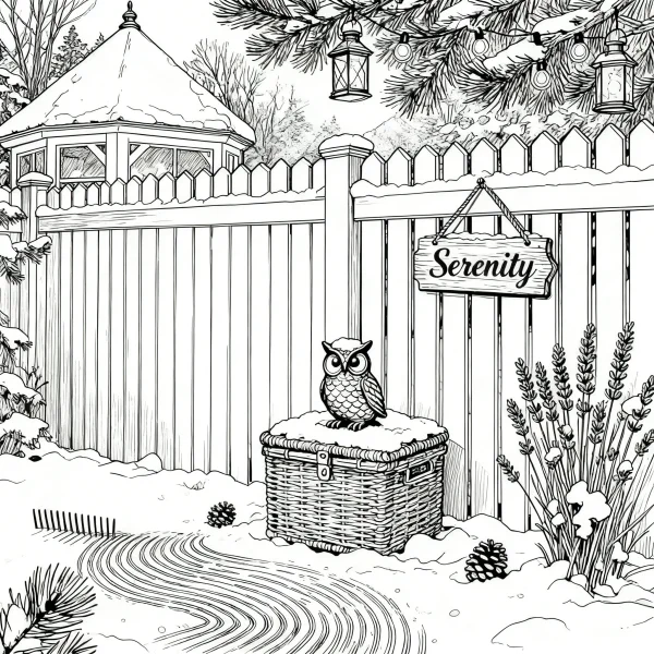 Coloring book page, owl sitting on a wicker chest in a snowy winter yard — free printable courtyard coloring book page