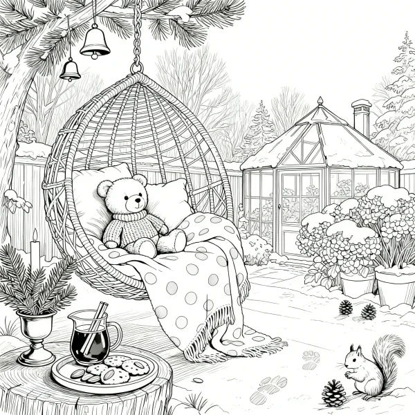 Teddy bear in knitted sweater sitting in wicker hanging chair with polka dot blanket, squirrel with pine cone in snowy backyard — free printable leisure life coloring book page