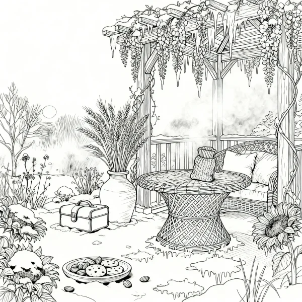 Winter outdoor picnic scene with gazebo, wicker table and chairs — free printable picnic coloring book page