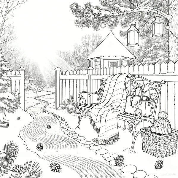 Winter courtyard with ornate iron bench, realistic line art style — free printable leisure life coloring book page