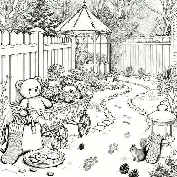Teddy bear in a decorative cart, cozy winter backyard scene with squirrel — free printable daily life coloring book page