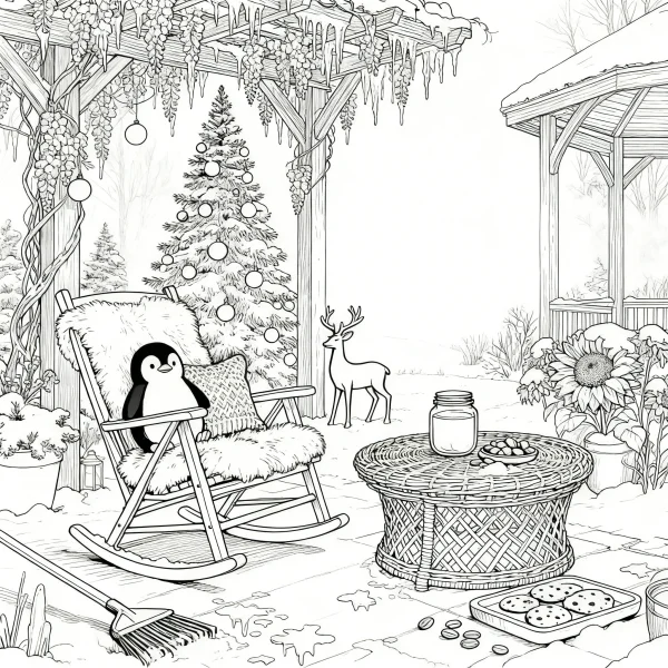 Cute penguin sitting on a furry rocking chair in a winter christmas courtyard, with decorated christmas tree — free printable outdoor leisure coloring book page