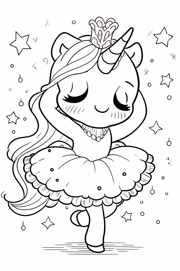 Cute ballerina unicorn wearing crown and pearl necklace, chibi cartoon style — free printable dance coloring book page