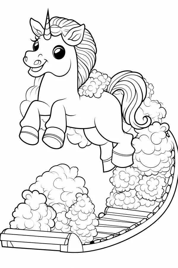 Cute cartoon unicorn, cartoon style — free printable animal theme coloring book page