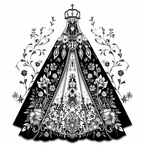 Crowned virgin mary decorated with intricate floral vines, european religious style — free printable euro-american culture coloring book page