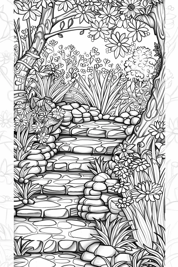 Forest stone path surrounded by flowers, vines and trees — free printable garden coloring book page