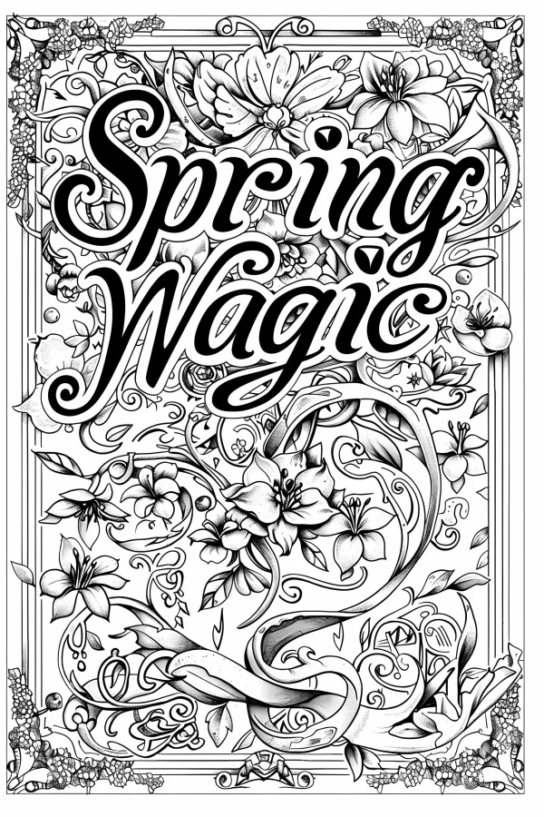 "spring magic" decorative art font surrounded by intricate floral vines and ornamental patterns, art nouveau style — free printable spring coloring book page