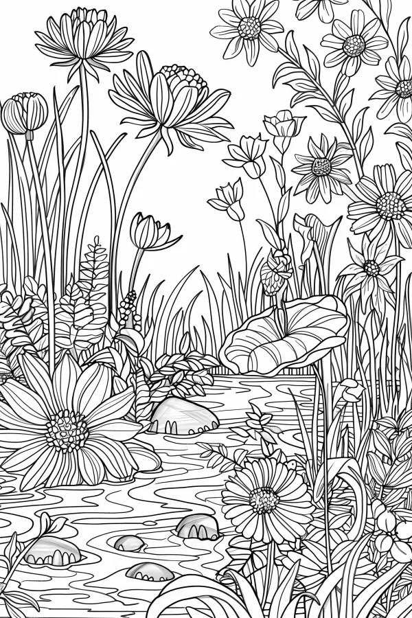 Cluster of flowers and aquatic plants by a stream, realistic line art style — free printable garden coloring book page