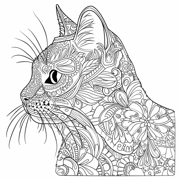 Zentangle-style cat head, mandala and zentangle art style — free printable art creation coloring book page